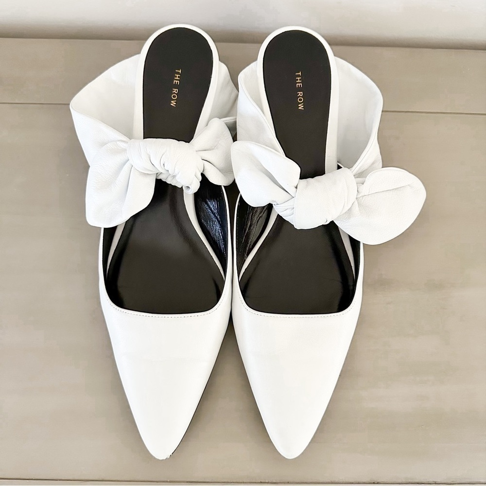 The Row White Leather Coco Bow Kitten Heel Mules sz 40 - Picture 5 of 13
